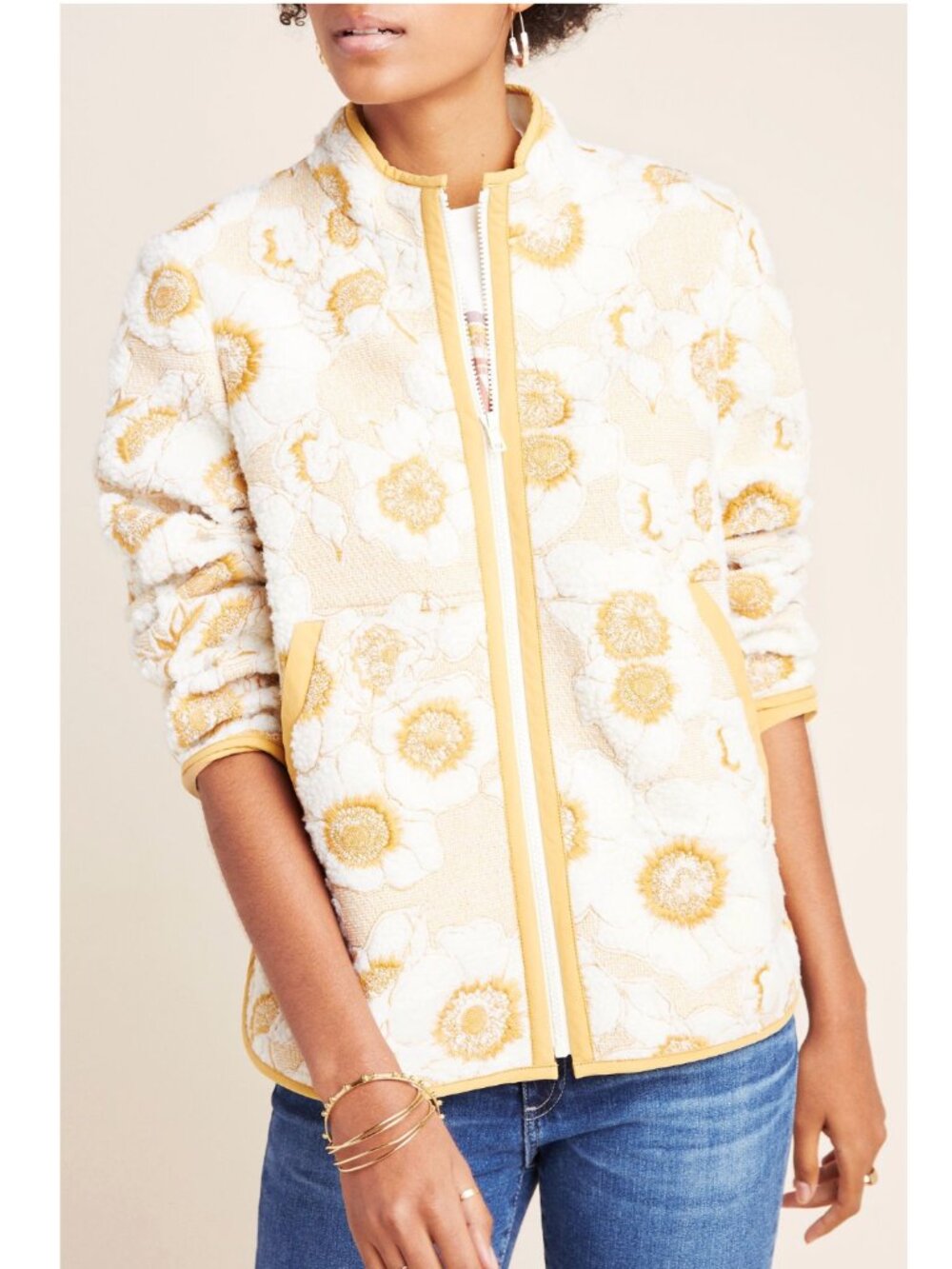Anthropologie Cream & Tan Tilly Embroidered Floral Sherpa Zip Jacket